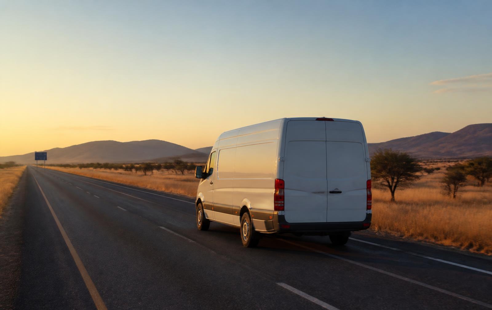 Delivery van approaching the South Africa to Botswana border post at sunset