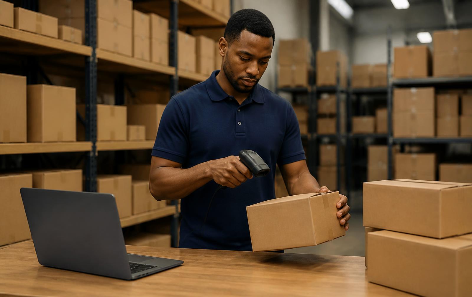 Parcels being received and scanned at a logistics warehouse desk